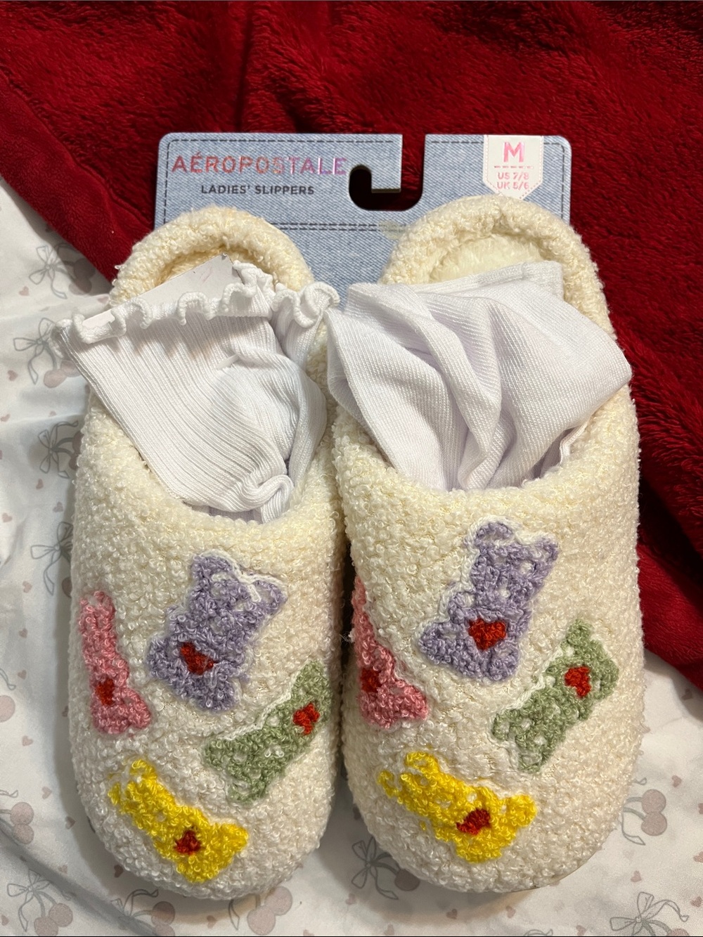 Aeropostale Cream Cozy Slippers with Multicolor Bear Appliques